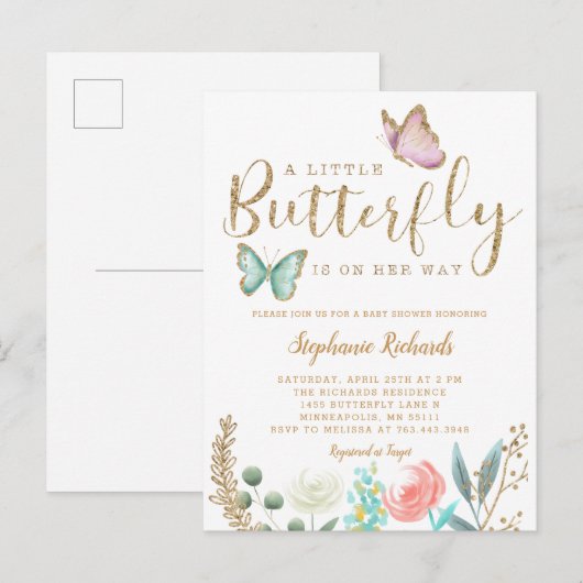 Kleine vlinder is onderweg naar het gouden Baby sh Uitnodiging Briefkaart (Voorkant / Achterkant)