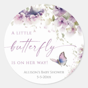 Kleine vlinder is op weg naar paarse baby shower ronde sticker