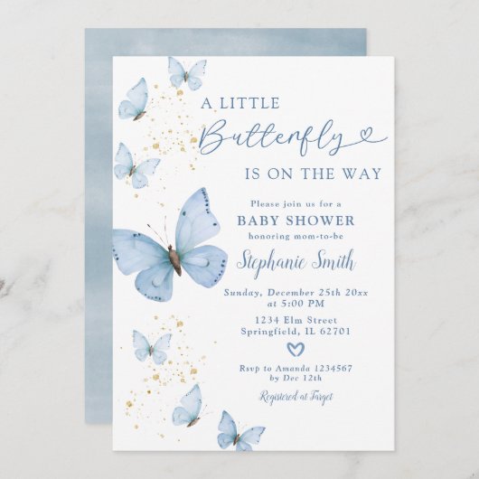 Kleine vlinder op de weg Blue Gold Baby shower Kaart (Voorkant / Achterkant)