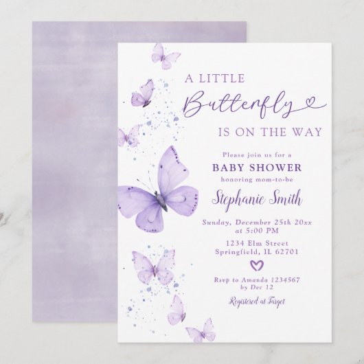 Kleine vlinder op weg naar Lila Baby shower Kaart (Voorkant / Achterkant)