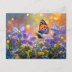 Kleine vlinder op wilde bloemen bij zonsopgang briefkaart