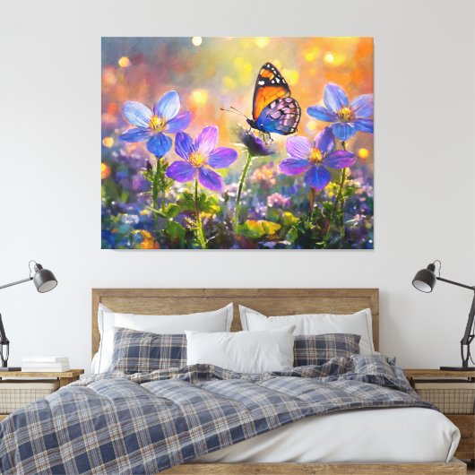 Kleine vlinder op wilde bloemen bij zonsopgang canvas afdruk (Insitu (Slaapkamer))