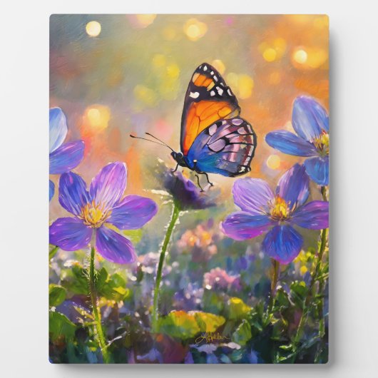 Kleine vlinder op wilde bloemen bij zonsopgang fotoplaat (Voorkant)