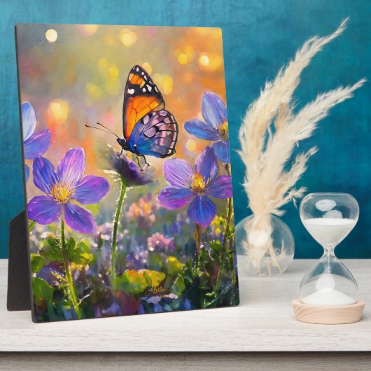 Kleine vlinder op wilde bloemen bij zonsopgang fotoplaat (Zijkant)