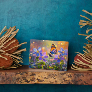 Kleine vlinder op wilde bloemen bij zonsopgang fotoplaat