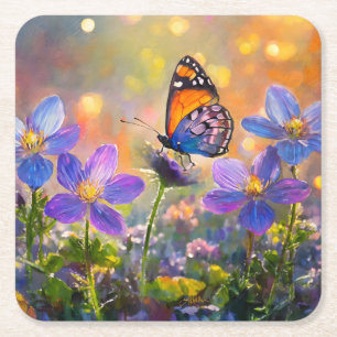Kleine vlinder op wilde bloemen bij zonsopgang kartonnen onderzetters