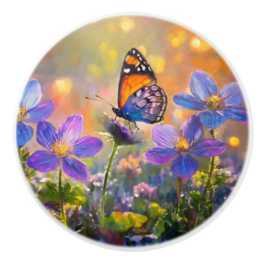 Kleine vlinder op wilde bloemen bij zonsopgang keramische knop (Voorkant)