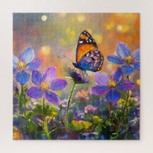 Kleine vlinder op wilde bloemen bij zonsopgang