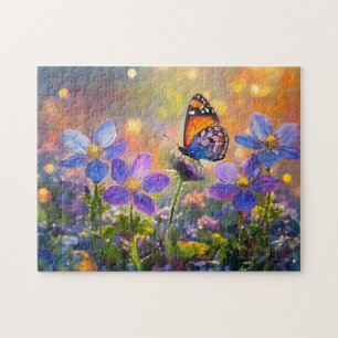 Kleine vlinder op wilde bloemen bij zonsopgang legpuzzel