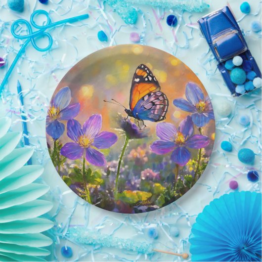 Kleine vlinder op wilde bloemen bij zonsopgang papieren bordje (Feest)