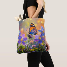 Kleine vlinder op wilde bloemen bij zonsopgang tote bag