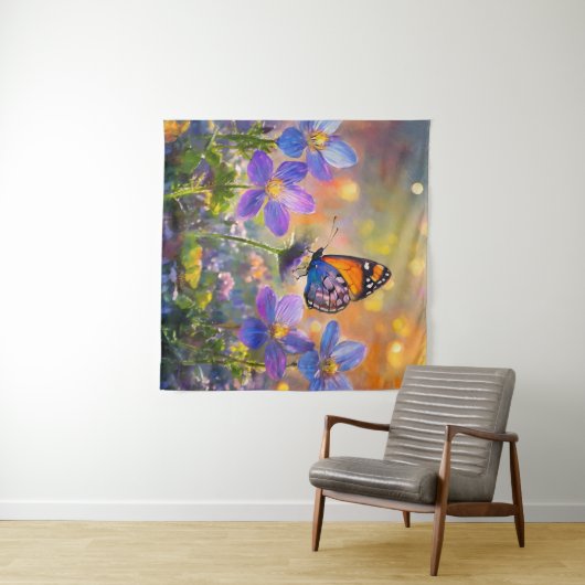 Kleine vlinder op wilde bloemen bij zonsopgang wandkleed (In Situ (horizontaal))