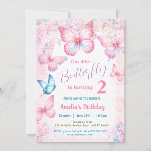 Kleine vlinder roze bloemig zomer meisje verjaarda kaart (Voorkant)