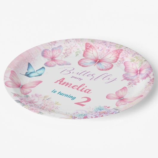 Kleine vlinder roze bloemig zomer meisje verjaarda papieren bordje (Gekanteld)