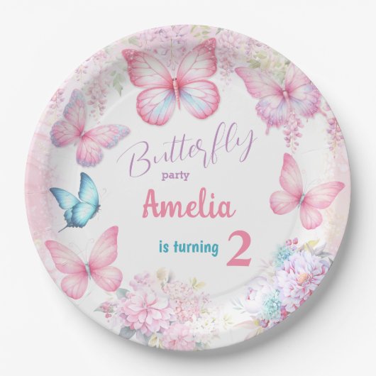Kleine vlinder roze bloemig zomer meisje verjaarda papieren bordje (Voorkant)