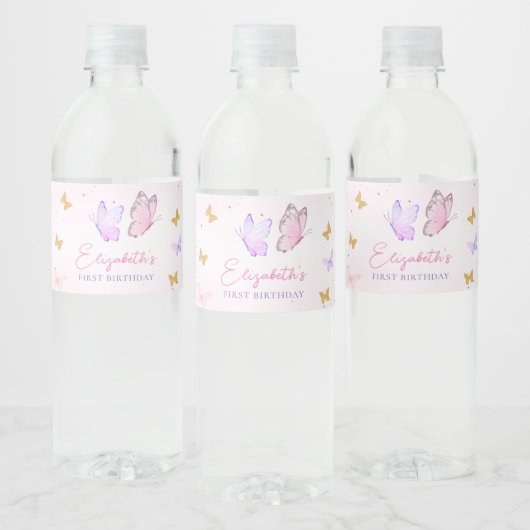 Kleine Vlinder Roze Paarse Gouden Meisje Verjaarda Waterfles Etiket (Flessen)