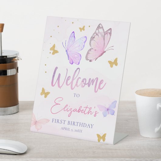Kleine Vlinder Roze Paarse Meisje Verjaardag Welko Reclamebord Met Voetstuk (Insitu)