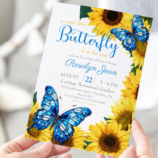 Kleine Vlinder Zonnebloem Kobalt Blauw Baby shower Kaart