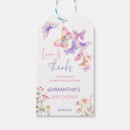 Kleine vlinderbloemen baby shower bedankt cadeaulabel (Voorkant)