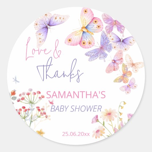 Kleine vlinderbloemen baby shower bedankt ronde sticker (Voorkant)