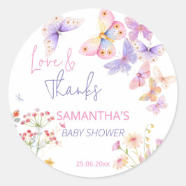 Kleine vlinderbloemen baby shower bedankt ronde sticker