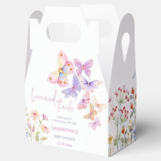 Kleine vlinderweide wildbloemen baby shower in bedankdoosjes (Geopend)