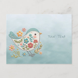 Kleine Vogel Blauwe Roze Bloemen Ansichtkaart Briefkaart