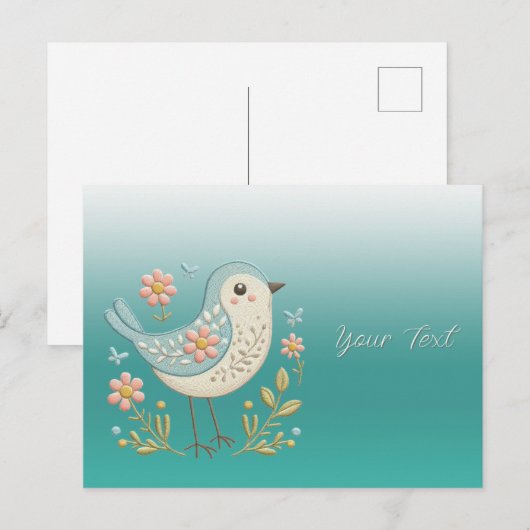 Kleine Vogel Bloem Borduurwerk Groen Ansichtkaart Briefkaart (Voorkant / Achterkant)