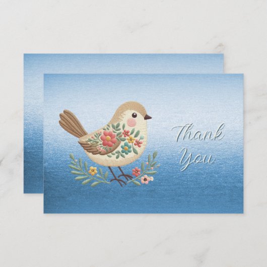 Kleine Vogel Bloemen Borduurwerk Blauw Dank u kaar Bedankkaart (Voorkant / Achterkant)