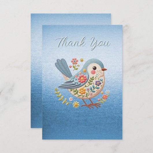 Kleine Vogel Bloemen Borduurwerk Blauw Dank u kaar Bedankkaart (Voorkant / Achterkant)