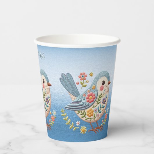 Kleine Vogel Bloemen Borduurwerk Blauw Papier Cups Papieren Bekers (Achterkant)