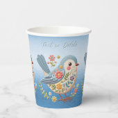 Kleine Vogel Bloemen Borduurwerk Blauw Papier Cups Papieren Bekers (Links)