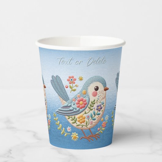 Kleine Vogel Bloemen Borduurwerk Blauw Papier Cups Papieren Bekers (Links)
