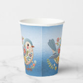 Kleine Vogel Bloemen Borduurwerk Blauw Papier Cups Papieren Bekers (Rechts)