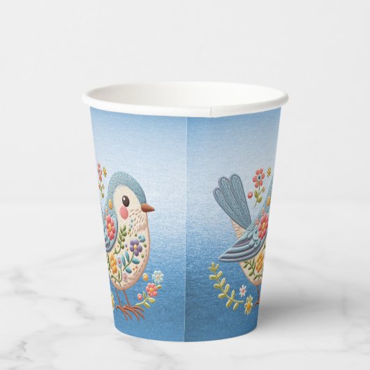 Kleine Vogel Bloemen Borduurwerk Blauw Papier Cups Papieren Bekers (Rechts)