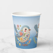 Kleine Vogel Bloemen Borduurwerk Blauw Papier Cups Papieren Bekers (Voorkant)