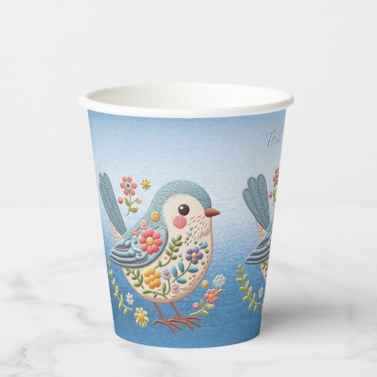Kleine Vogel Bloemen Borduurwerk Blauw Papier Cups Papieren Bekers (Voorkant)