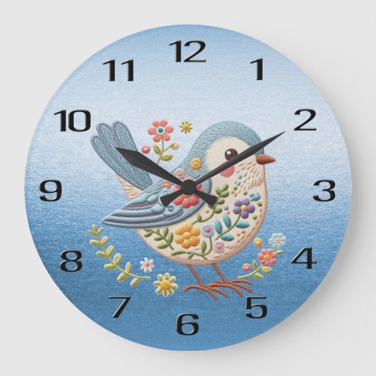 Kleine Vogel Bloemen Borduurwerk Blauwe Muur Klok (Voorkant)