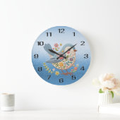 Kleine Vogel Bloemen Borduurwerk Blauwe Muur Klok (Huis)