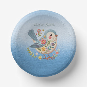 Kleine Vogel Bloemen Borduurwerk Blauwe Papieren B Kommen