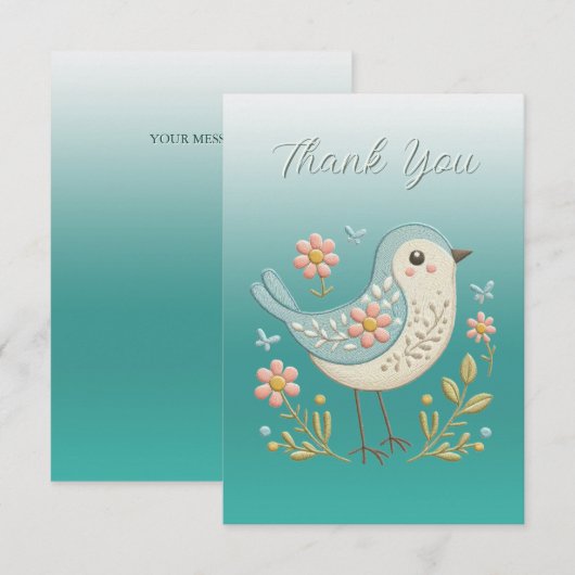 Kleine Vogel Bloemen Borduurwerk Groen Dank u Kaar Bedankkaart (Voorkant / Achterkant)