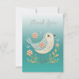 Kleine Vogel Bloemen Borduurwerk Groen Dank u Kaar Bedankkaart