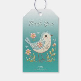 Kleine Vogel Bloemen Borduurwerk Groene Gift Label Cadeaulabel