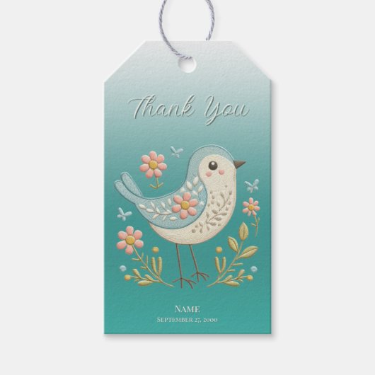 Kleine Vogel Bloemen Borduurwerk Groene Gift Label Cadeaulabel (Voorkant)
