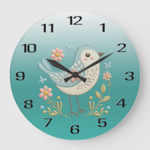 Kleine Vogel Bloemen Borduurwerk Groene Muur Klok