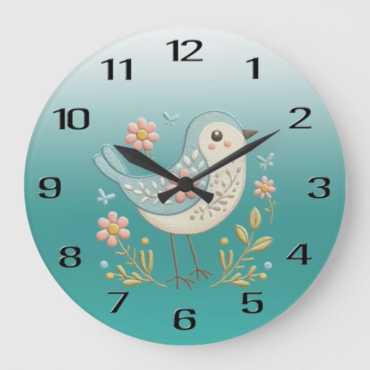 Kleine Vogel Bloemen Borduurwerk Groene Muur Klok (Voorkant)