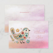 Kleine Vogel Bloemen Borduurwerk Roze Dank u kaart (Voorkant / Achterkant)