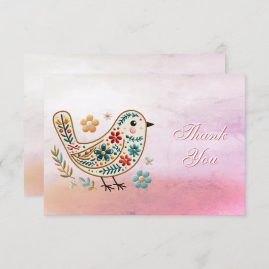 Kleine Vogel Bloemen Borduurwerk Roze Dank u kaart (Voorkant / Achterkant)