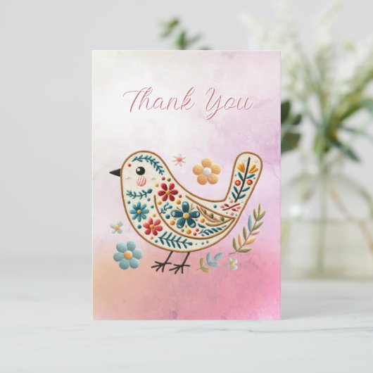Kleine Vogel Bloemen Borduurwerk Roze Dank u kaart (Staand voorkant)