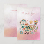 Kleine Vogel Bloemen Borduurwerk Roze Dank u kaart (Voorkant / Achterkant)